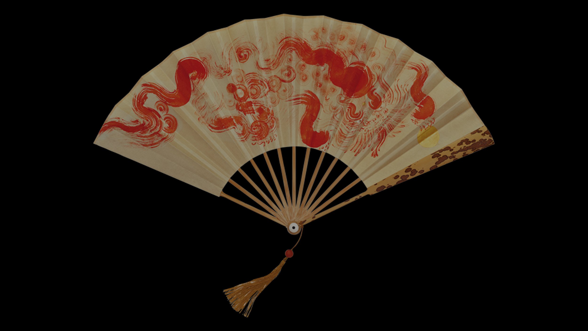 黑色背景上的岭南风格彩绘折扇，东湾的品牌视觉